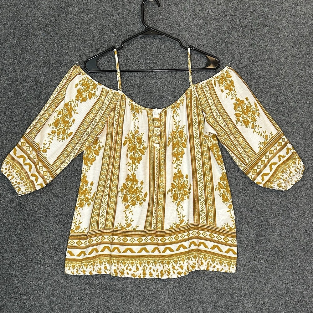 Andree‎ by Unit Women's MED Mustard Yellow/Ivory Blouse 3/4 Sleeve Cold Shoulder